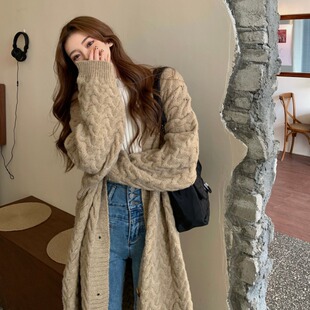 韩版 复古慵懒风宽松中长款 批新款 麻花长袖 毛衣外套 发时尚 秋冬女装