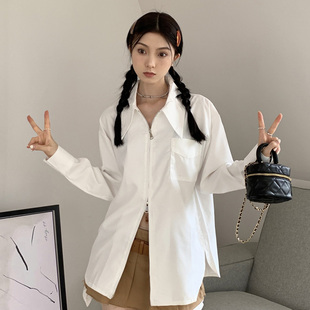衬衫 发内搭叠穿纯色拉链衬衣宽松设计感小众大码 潮 批新款 秋冬女装