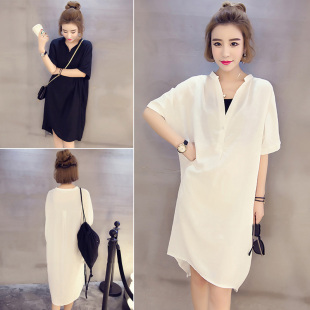 批新款 发大码 宽松V领五分袖 夏季 衬衫 韩版 衬衣休闲纯色中长款 女装