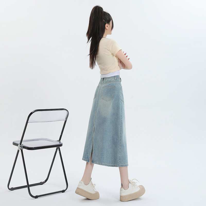 高腰开叉牛仔半身裙女宽松显瘦夏半身裙