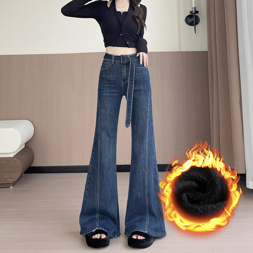 甜美减龄水洗蓝加绒牛仔喇叭裤女士2026秋冬新款辣妹高腰马蹄裤子