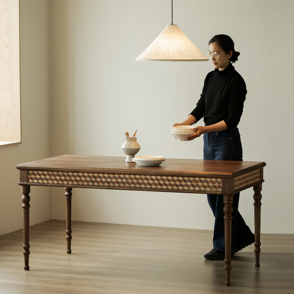 中古风黑胡桃木餐桌日式纯实木长桌诧寂风餐桌复古方桌书桌写字台