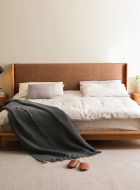 美式复古皮床日式简约榻榻米悬浮床樱桃木主卧婚床黑胡桃拾光盒子