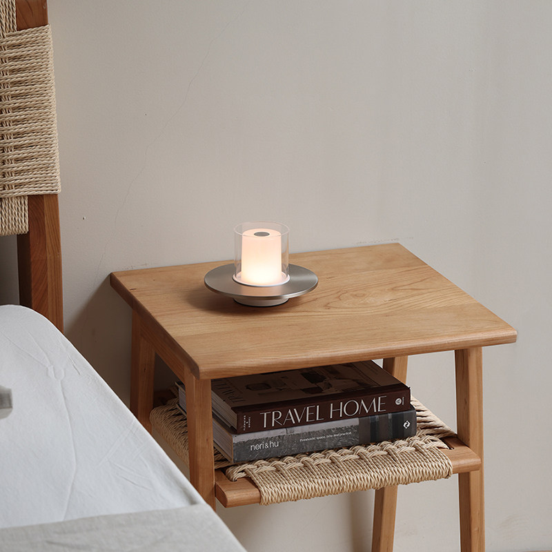 北欧樱桃木床头柜复古藤编侘寂风双层边几角几日式黑胡桃木床边柜