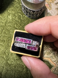 通体925银戒指女古董设计天然红刚玉k钻平替几何设计师银戒指红宝