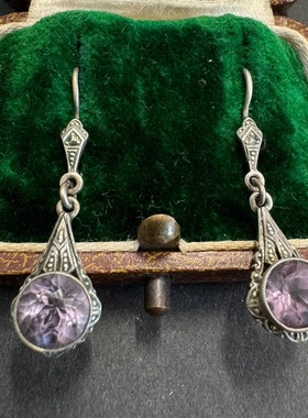 阿呆时期古董设计通体925银耳钩复古宫廷女礼物银耳环蓝色滚珠边