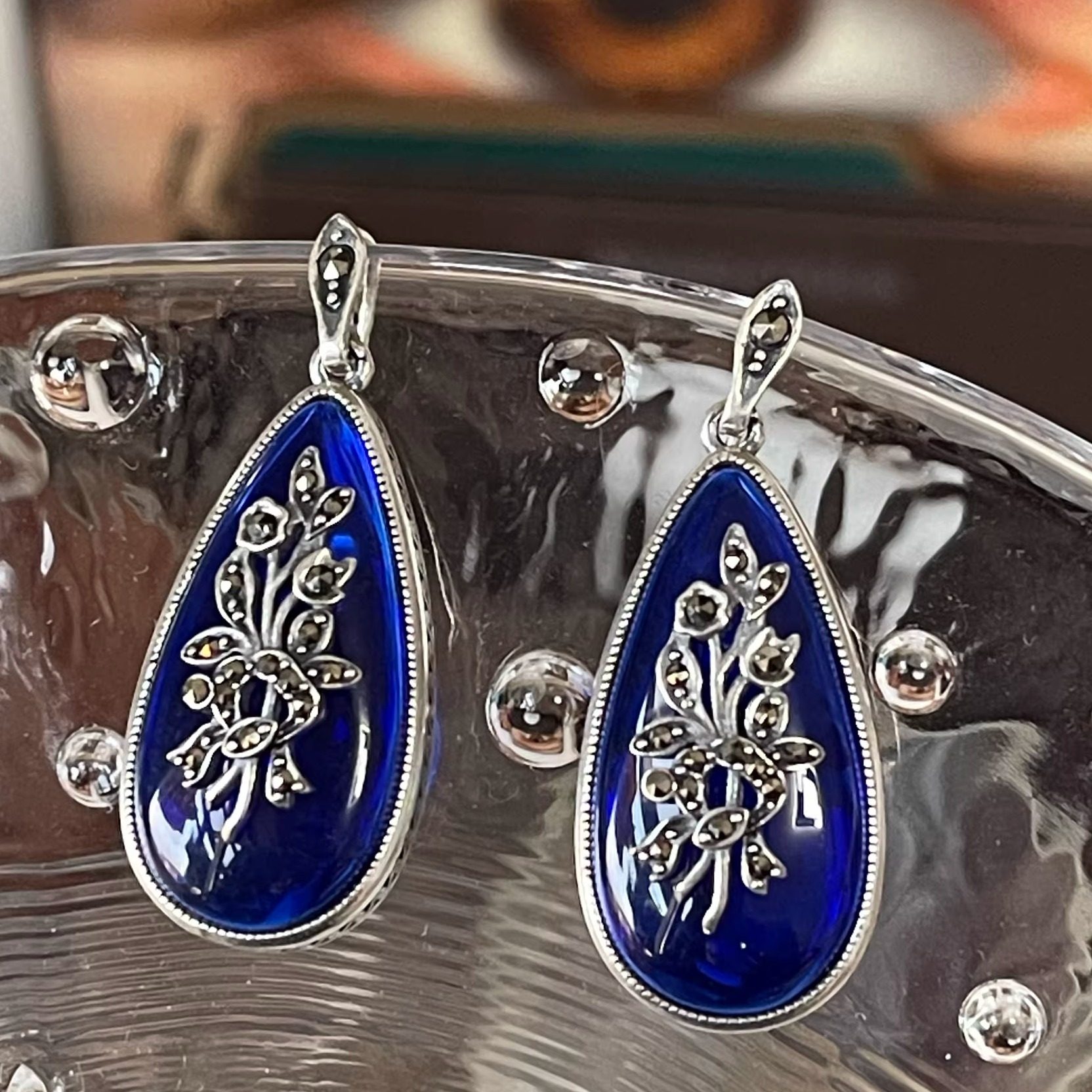 耳环通体925银水滴新艺术时期古董设计克莱因滚珠边银合成尖晶,饰品/流行首饰/时尚饰品新,耳环,淘宝优惠券,粉丝福利购,淘宝优惠卷