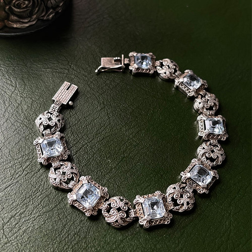 超推荐artdeco阿呆时期海蓝锆通体925银手牌纯银手链复古錾刻花纹