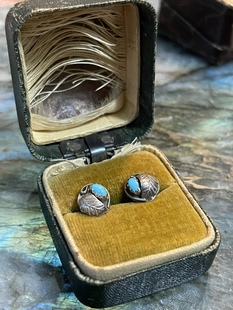 美国西部1940s-50s 印第安纳瓦霍古董设计银饰 绿松石925银耳钉