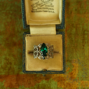 原创欧洲古董市场通体925银祖母绿戒指宫廷复古马眼蕾丝开口银戒