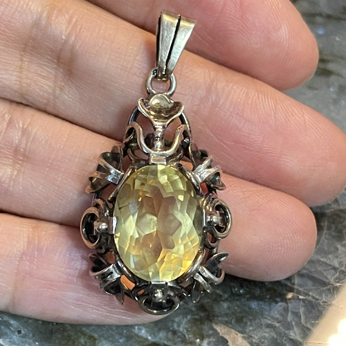 阿呆时期古董设计黄水晶色大蛋面通体925银宫廷银吊坠德式工业风