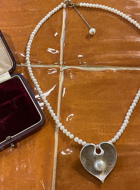 past times 欧洲古董首饰设计立体錾刻心形爱心通体925银吊坠珍珠