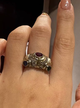 轻奢红绿蓝宝通体925银指环银鎏金戒指宫廷复古德国设计师礼物