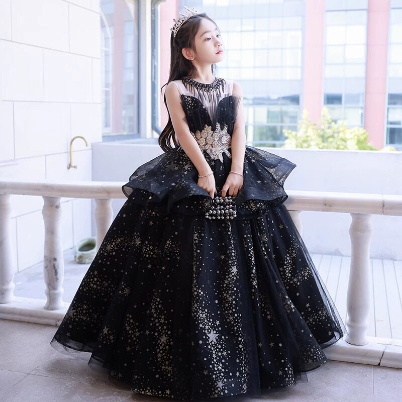 晚礼服女童高级感公主裙黑色儿童主持人表演走秀钢琴演奏演出服图片