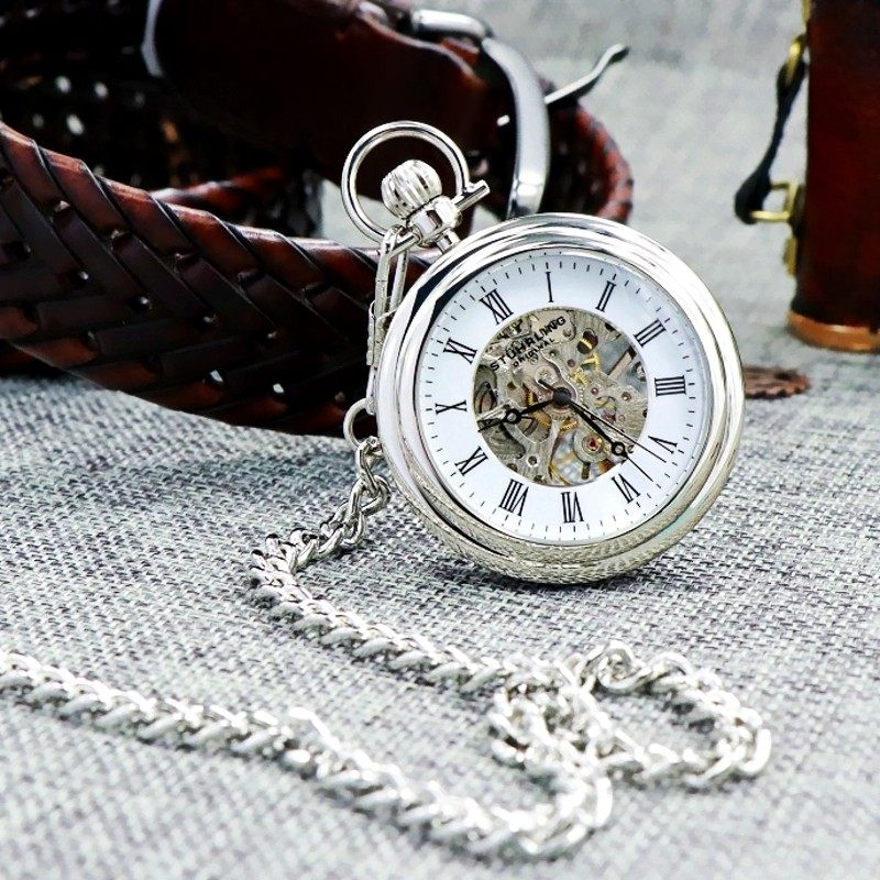 美国施图灵 stuhrling经典复古自动机械男女怀表银色镂空背透表盘