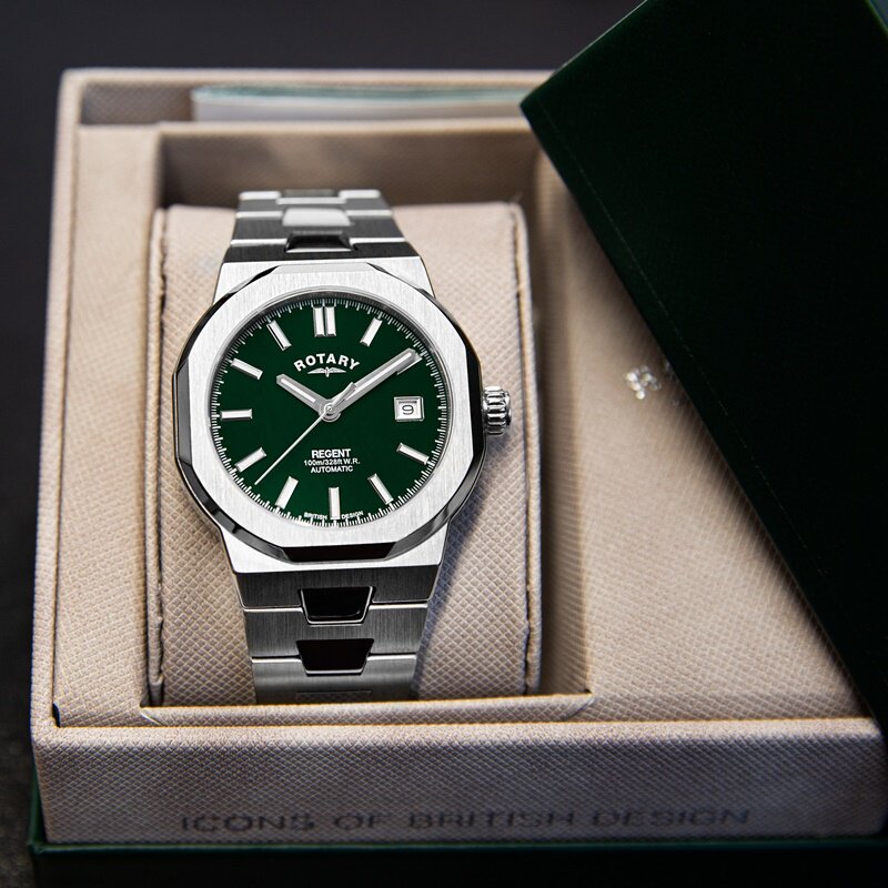 正品rotary劳特莱男表 复古绿盘钢带自动机械表夜光防水瑞士腕表