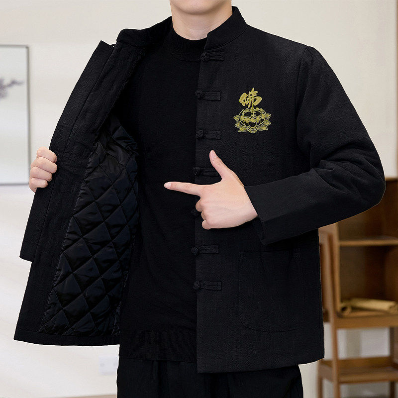 中式棉服亚麻冬季棉袄加厚唐装男中国风佛字莲花刺绣保暖棉衣外套