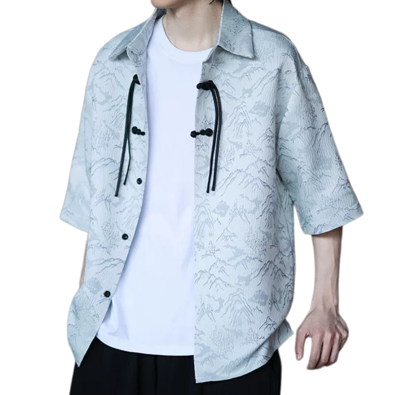 提花防皱冰丝中国风短袖衬衫男士中式唐装衬衣禅茶复古风汉服上衣