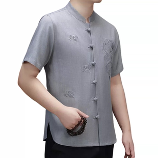 新中式唐装男中年夏季短袖棉麻男款爸爸装衬衣中国风衬衫透气装
