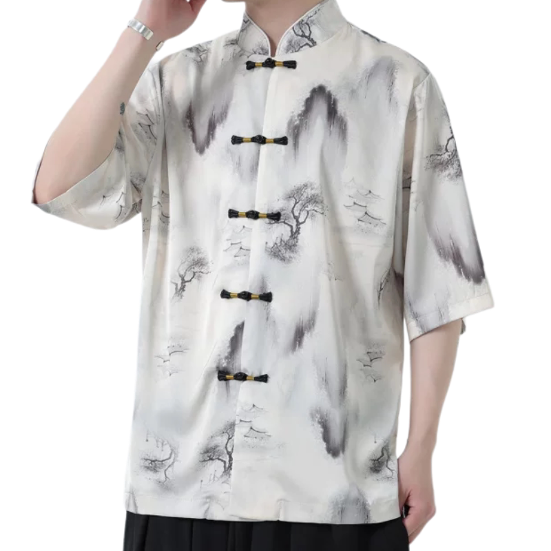 夏季男新中式水墨盘扣短袖衬衫