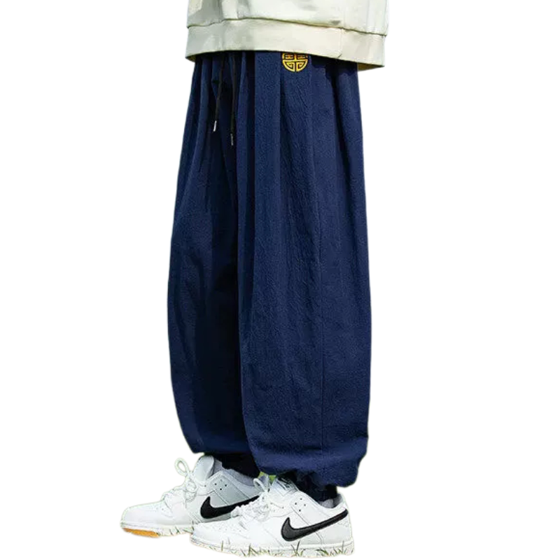 夏季休闲裤阔腿裤中国风男士灯笼大码绣花宽松时尚束脚棉麻九分裤