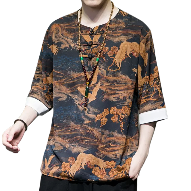 夏季新款中式上衣中国风男装时尚印花唐装汉服短袖印花T恤加大码