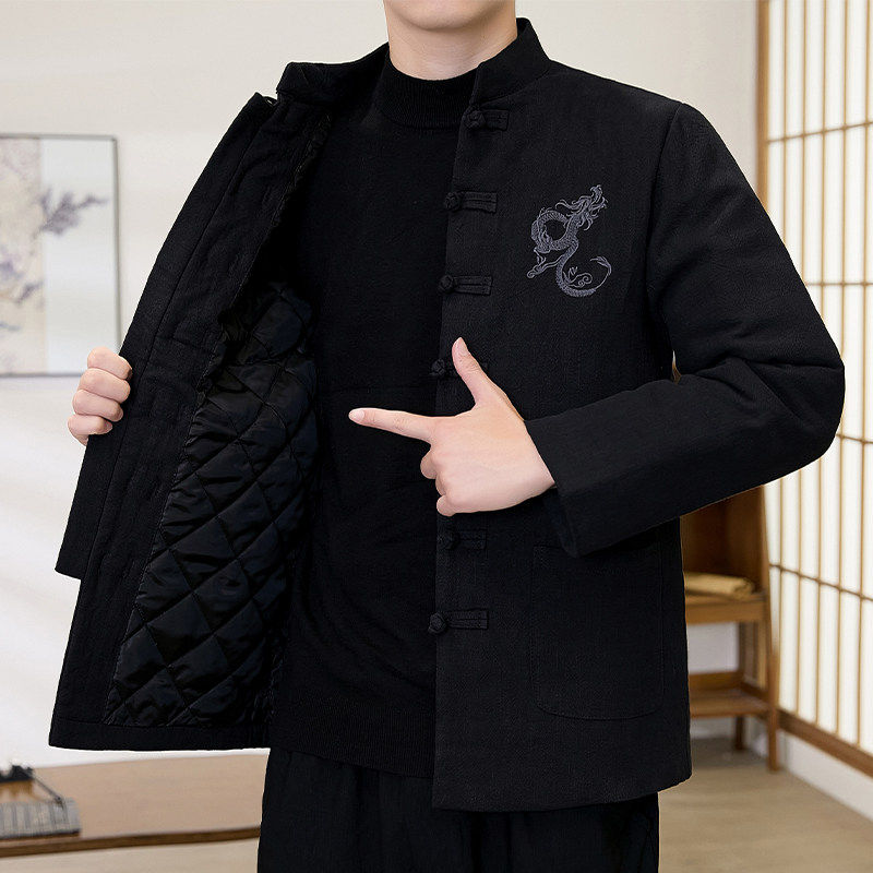 中国风男士加厚龙刺绣盘扣棉服