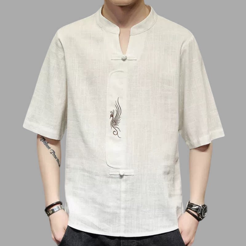 夏季中国风亚麻V领短袖T恤男宽松盘扣唐装汉服复古风禅意茶服透气