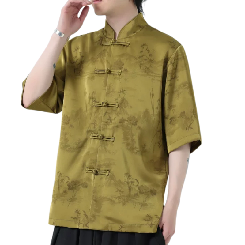 中国风水墨印花中式冰丝衬衫短袖男夏大码休闲衬衣高级感唐装外套