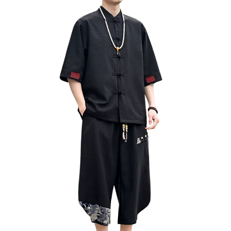 春夏薄款唐装男短中国风复古汉服禅服刺绣中式休闲亚麻套装七分裤