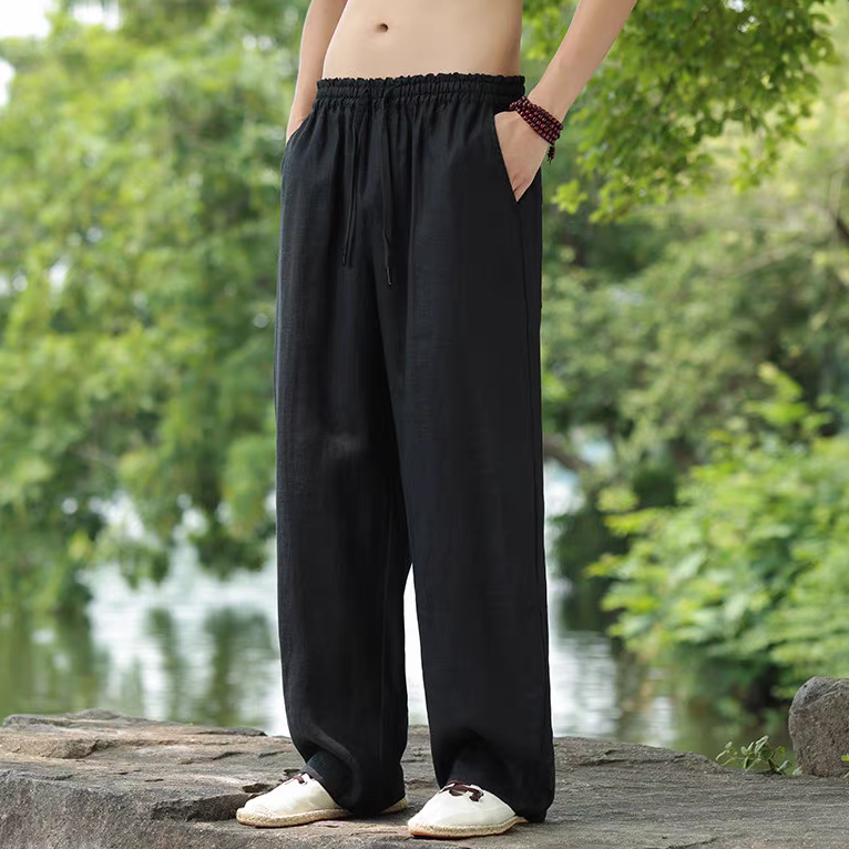 高端100%全亚麻老钱风宽松直筒休闲裤春夏亚麻裤棉麻裤子男阔腿裤