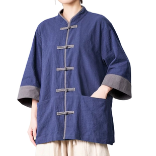 中国风短袖衬衫夏中式中山唐装汉服男衬衣太极服男女通穿立领开衫
