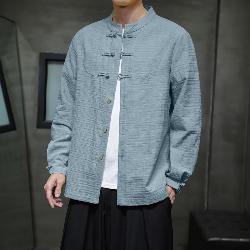棉麻提花盘扣中国风男装长袖衬衫男秋季汉服新中式唐装上衣外套潮