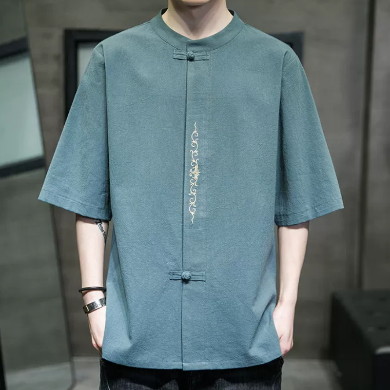 中式复古盘扣改良汉服夏季棉麻刺绣休闲T恤男士宽松大码短袖茶服