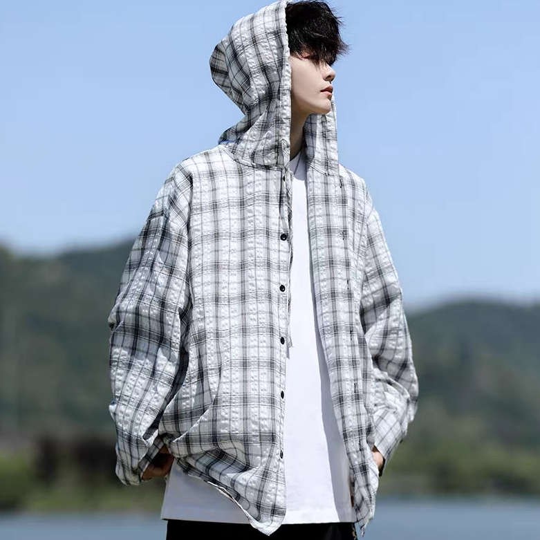 美式复古蓝色格子棉麻防晒春夏薄款慵懒亚麻衬衣外搭开衫外套青年