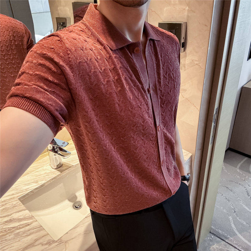 莱赛尔亚麻提花镂空翻领短袖薄款拼色针织开衫老钱风透气时尚简男