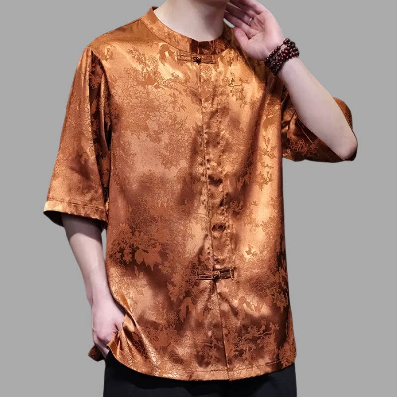 新中式提花中老年衬衫男夏季唐装复古短袖衬衣老头太极服上衣汉服