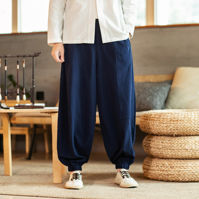 春秋中国风亚麻休闲裤中式男士阔腿裤汉服裤练拳太极裤灯笼裤弯刀图片