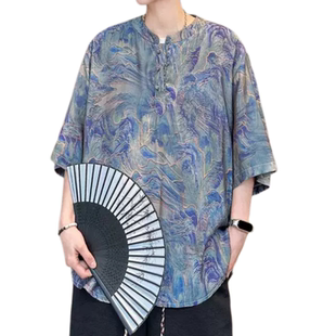 复古云纱轻薄青年中国风夏季薄T恤男宽松大码水墨画五分短袖体恤