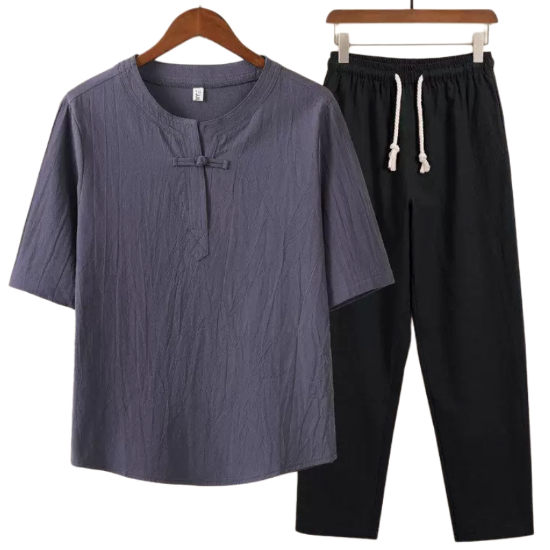 亚麻套装男夏季棉麻汉服男装搭配一套帅气中国风男装亚麻短袖t恤