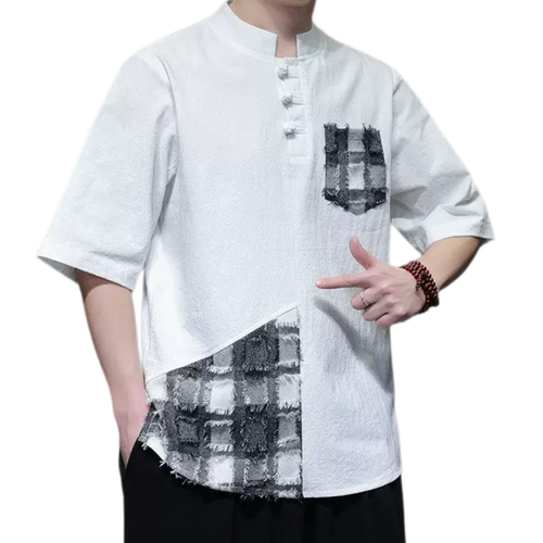中国风亚麻短袖T恤男夏季中式复古宽松棉麻半袖盘扣百搭撞色上衣