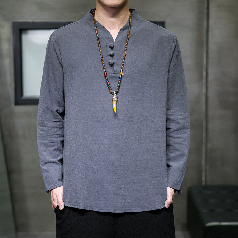 新款舒适大码中国风棉麻长袖T恤中式V领盘扣汉服打底唐装,男装,T恤,淘宝优惠券,粉丝福利购,淘宝优惠卷