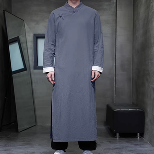 复古装 棉麻长衫 长袍男伴郎服演出偏襟大褂 长款 中国风时尚