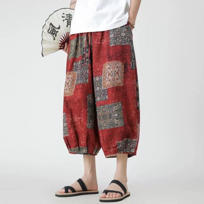 民族棉麻短裤男裤子夏季薄款亚麻七分裤中国风宽松阔腿直筒裤潮