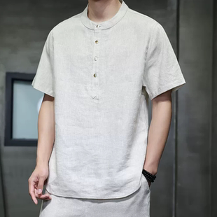 老钱风高级感纯亚麻短袖衬衫男夏季宽松五分T恤袖新中式棉麻衬衣