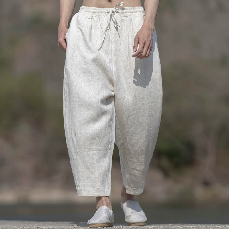100%天然纯亚麻夏季薄款新中式男九分裤棉麻休闲裤男宽松哈伦裤子