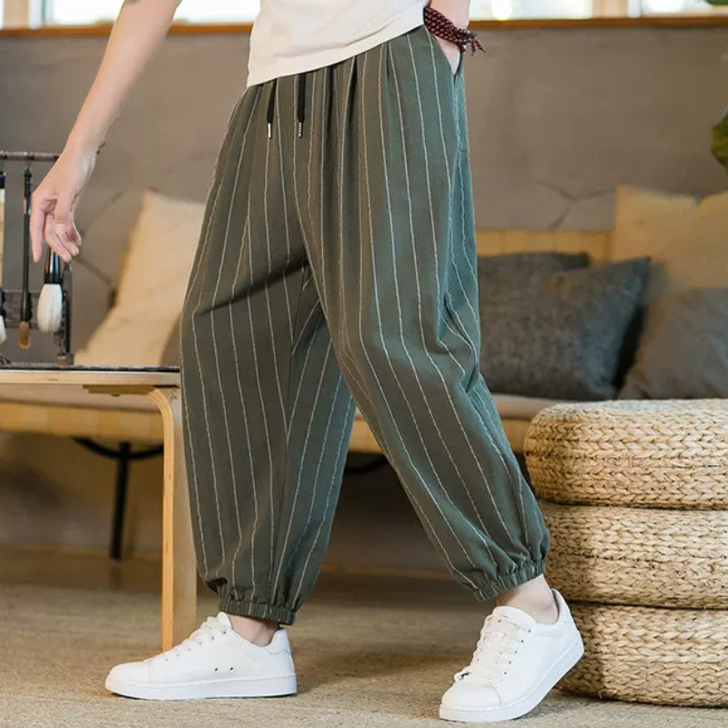 春夏季棉麻九分裤男款条纹裤子休闲9分裤宽松透气小脚高级感