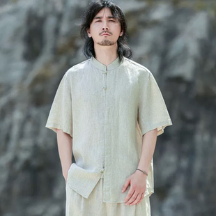 100%纯亚麻衬衫男夏季套装短袖上衣中式男装国风盘扣高端棉麻衬衣
