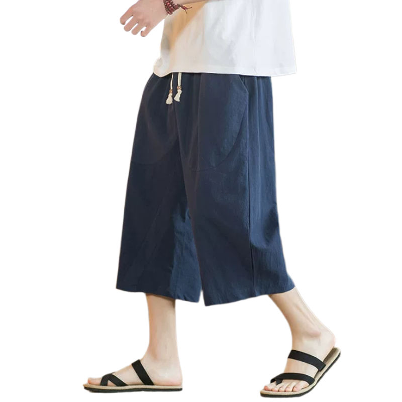 男款夏薄款棉麻裤子短裤时尚宽松阔腿裤日系休闲哈伦裤七分吊裆裤