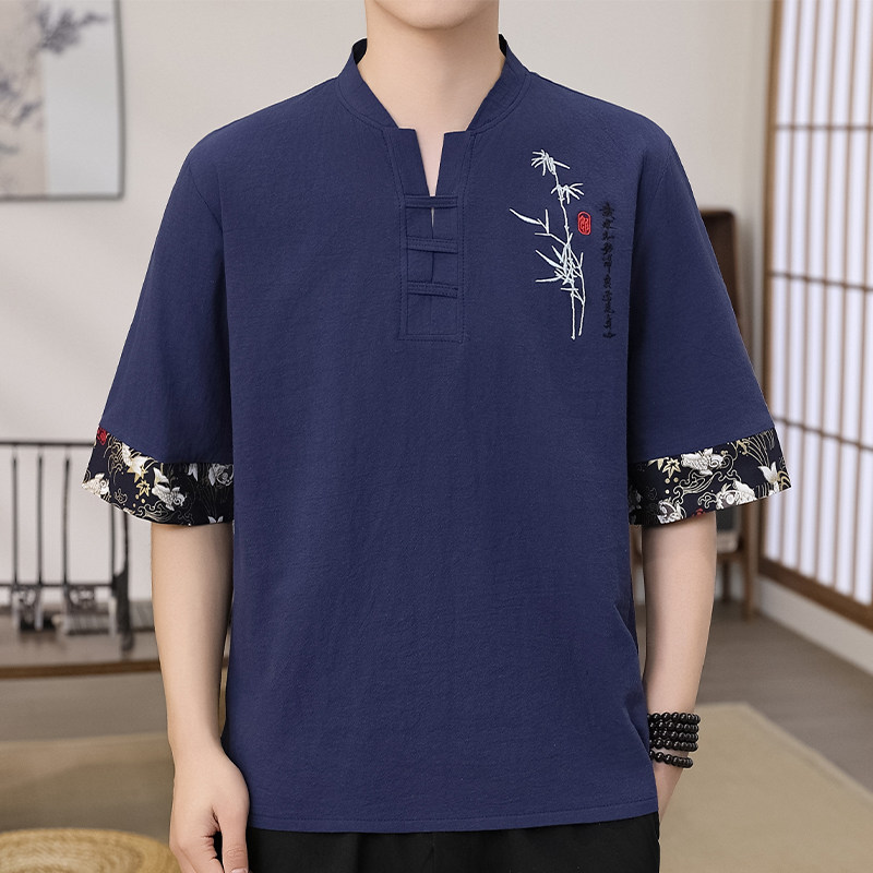 唐装男青年 夏季短袖t恤潮牌复古中国风潮流男士棉麻半袖中式男装